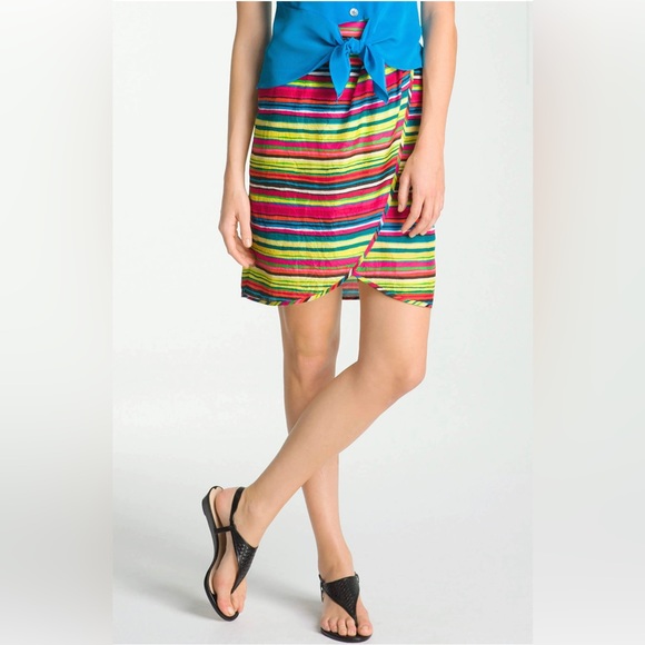 Nanette Lepore Senorita Stripe colorful 100% Silk Wrap Skirt Size 8 Medium - Picture 1 of 9